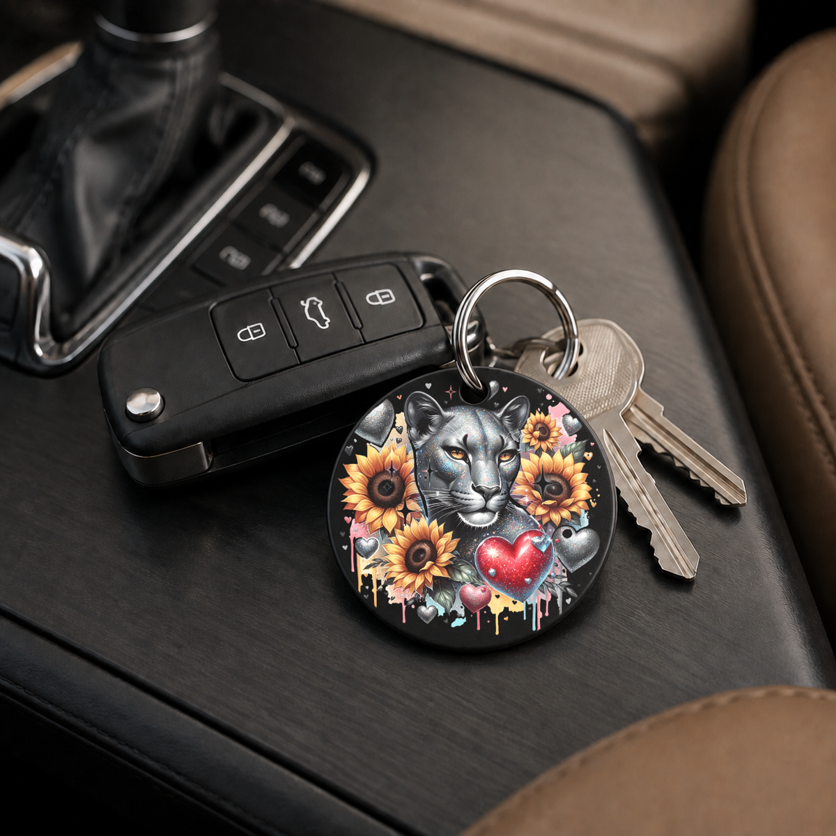 Wolf With Sunflowers - Keychain in black