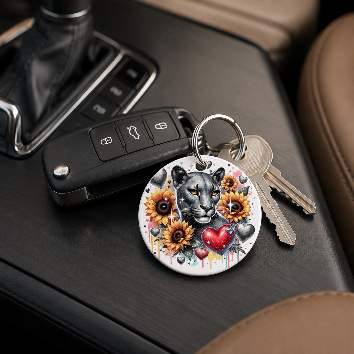 Wolf With Sunflowers - Keychain in white