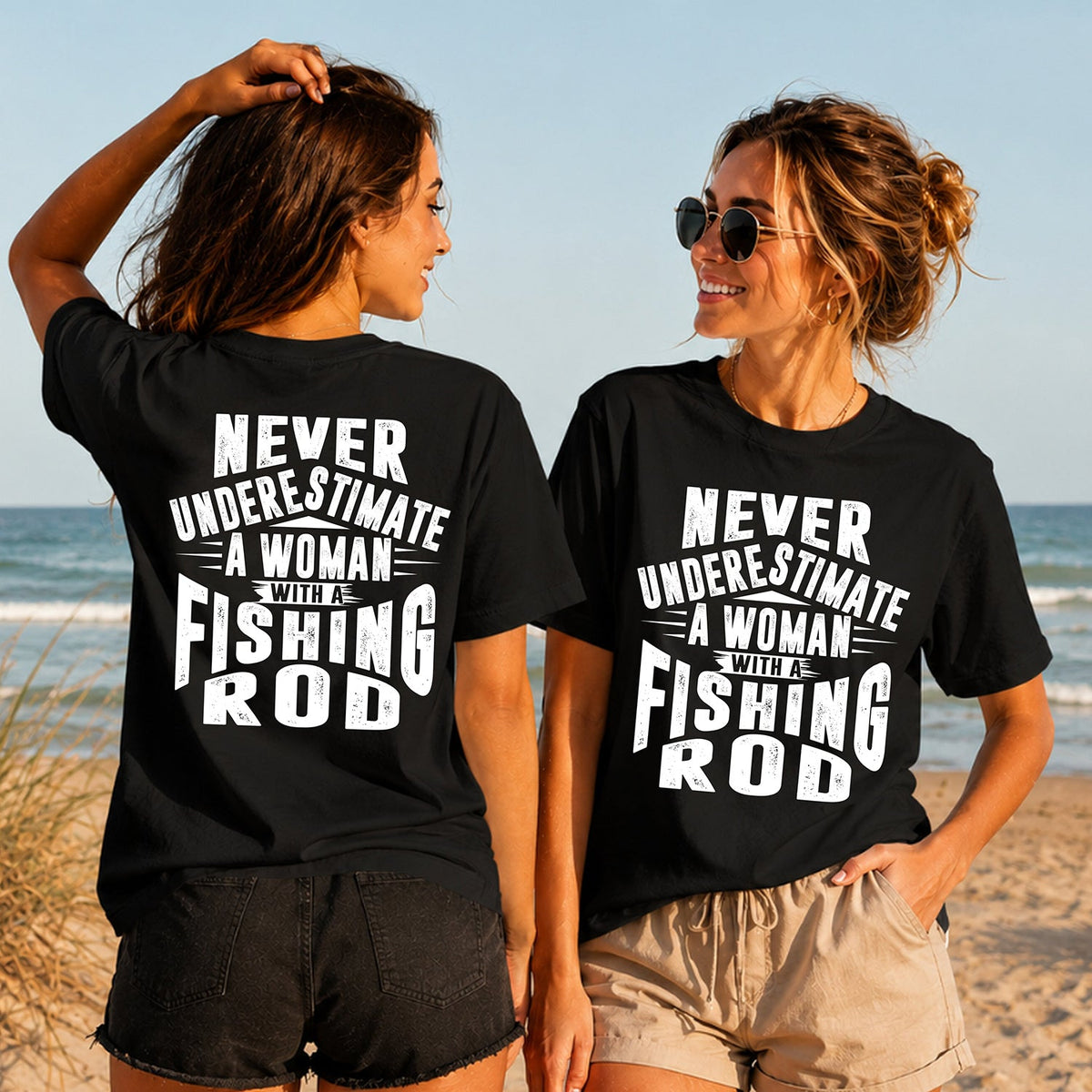 Woman with a Fishing Rod - Women's T-Shirt in black, showing alternative back and front print placements on the beach