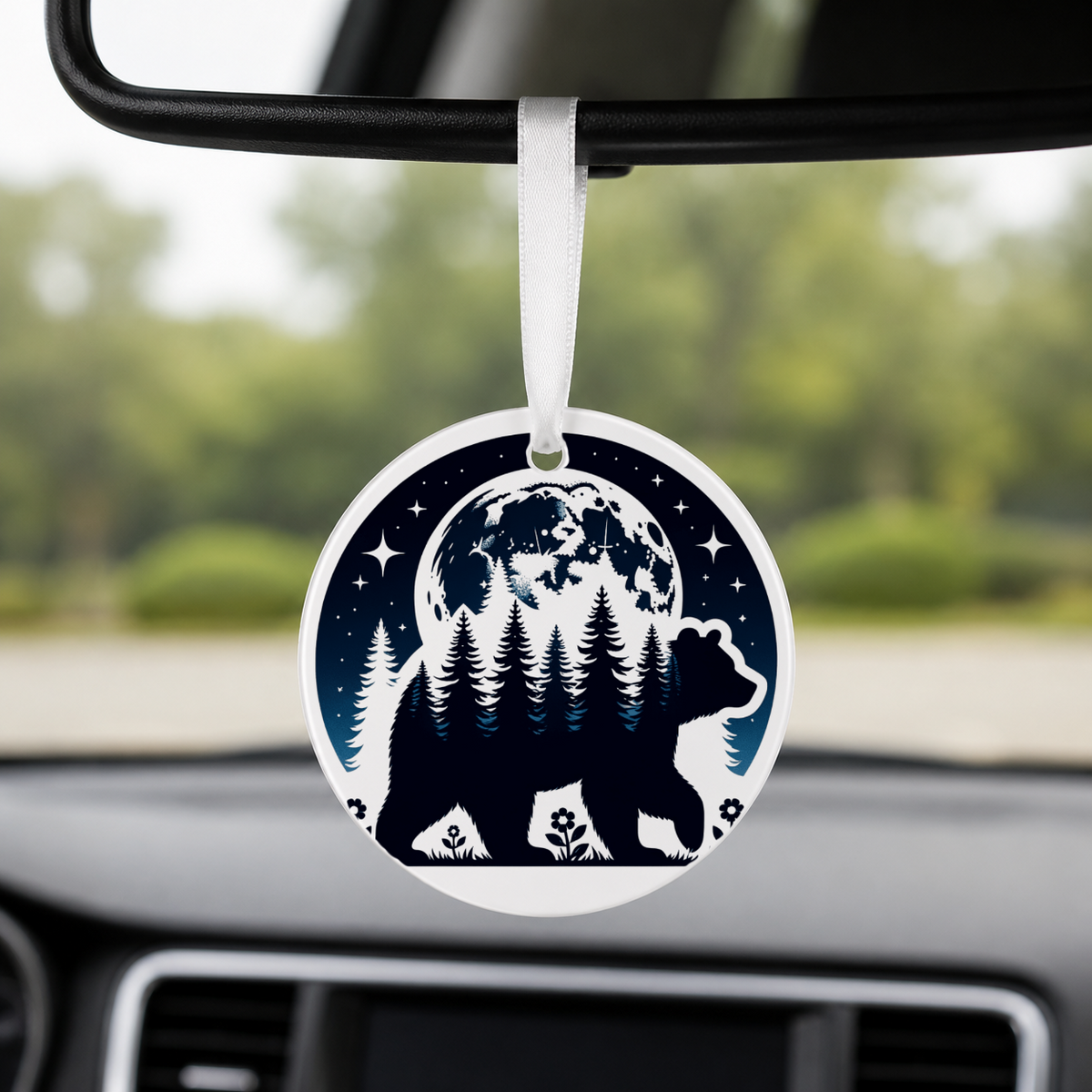 Woodland Silhouette - Bear - Round Car Charm in white