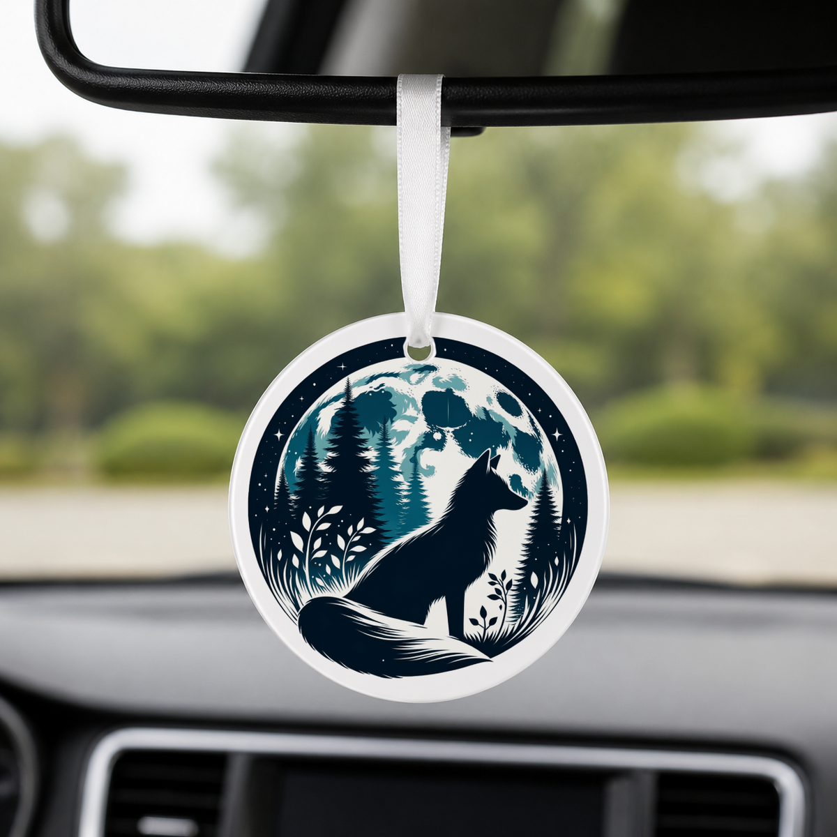Woodland Silhouette - Fox Sitting Water Moon - Round Car Charm in white