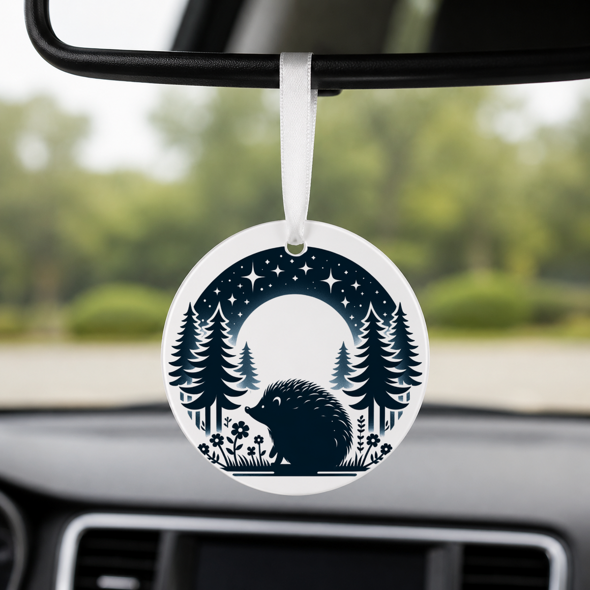 Woodland Silhouette - Hedgehog - Round Car Charm in white