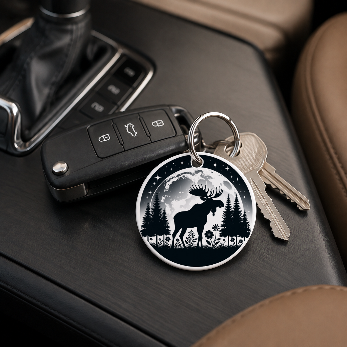 Woodland Silhouette - Moose Moon - Keychain in white