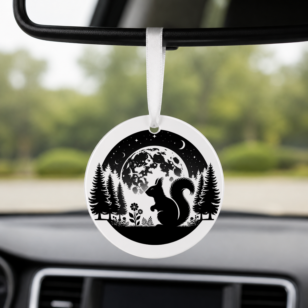 Woodland Silhouette - Squirrel - Round Car Charm in white