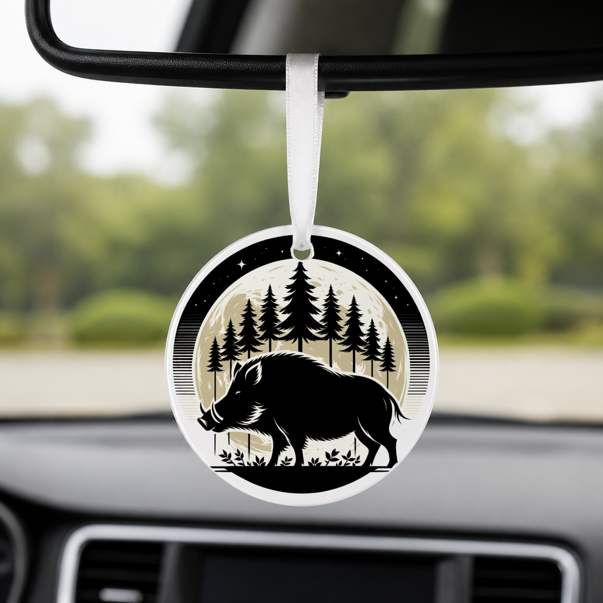 Woodland Silhouette - Wild Boar - Round Car Charm in white
