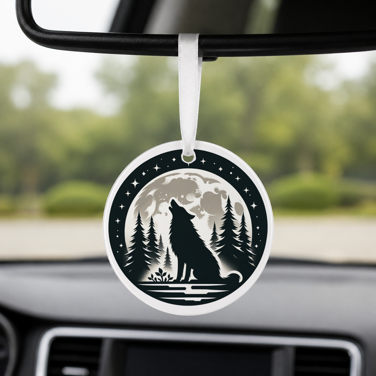 Woodland Silhouette - Wolf Howling Moon - Round Car Charm in white