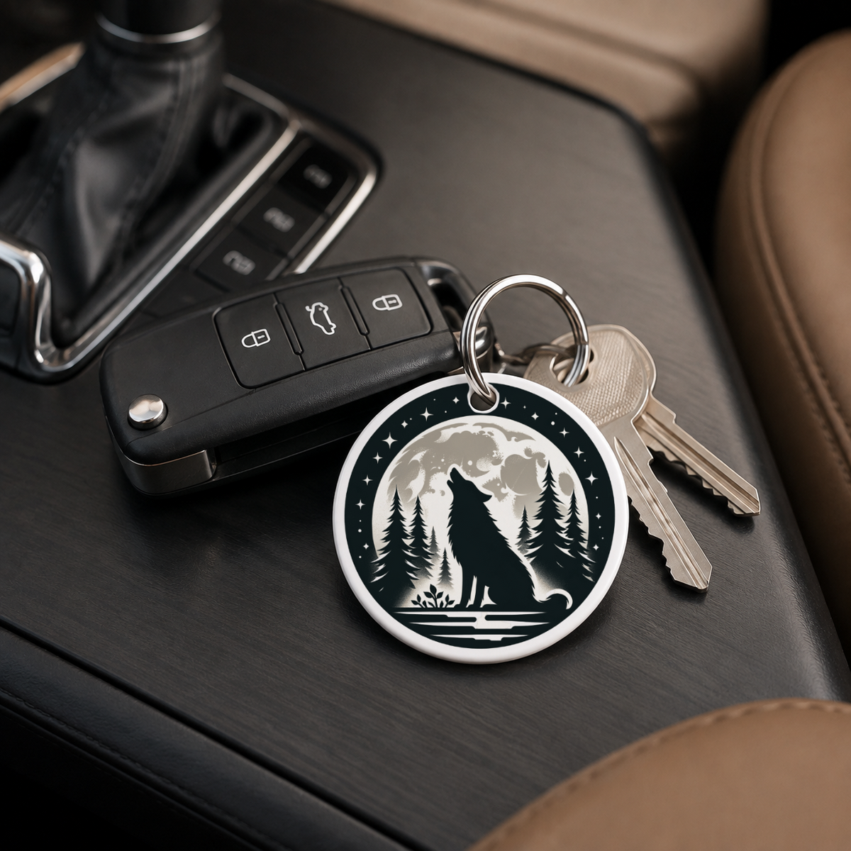Woodland Silhouette - Wolf Howling Moon - Keychain in white