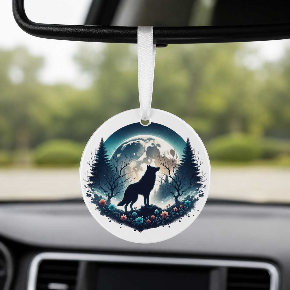 Woodland Silhouette - Wolf Standing Flowers - Round Car Charm in white