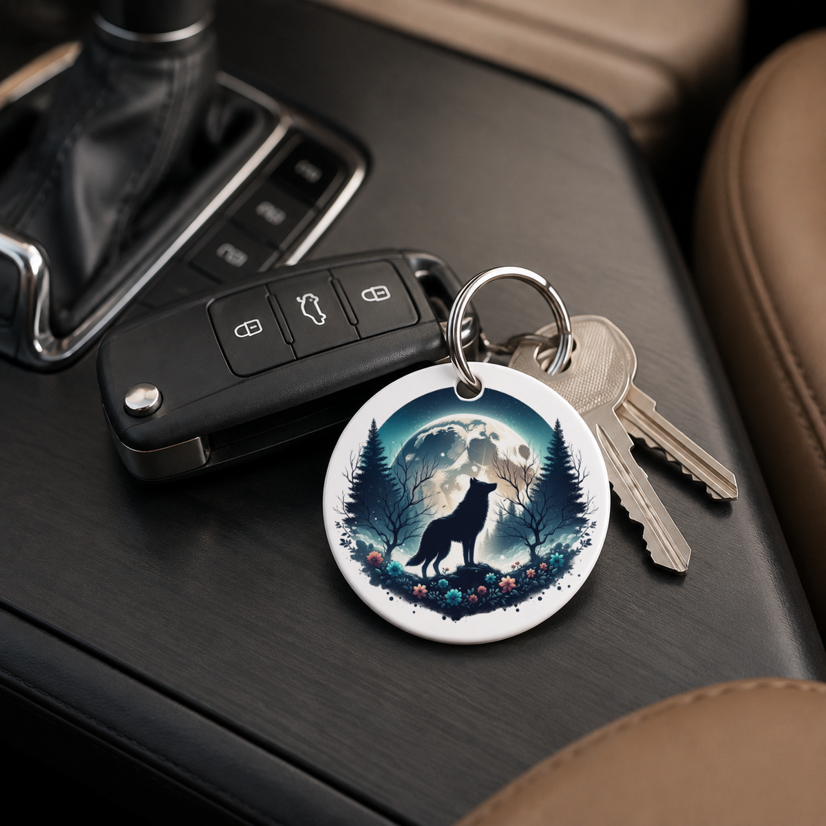 Woodland Silhouette - Wolf Standing Flowers - Keychain in white