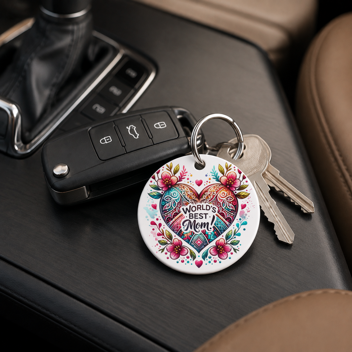 Worlds Best Mom Mandala Heart - Keychain in white