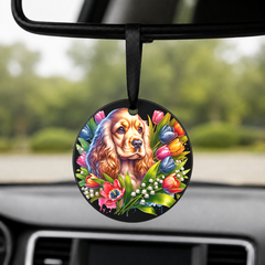 Yorkshire Terrier With Tulips - Round Car Charm in black