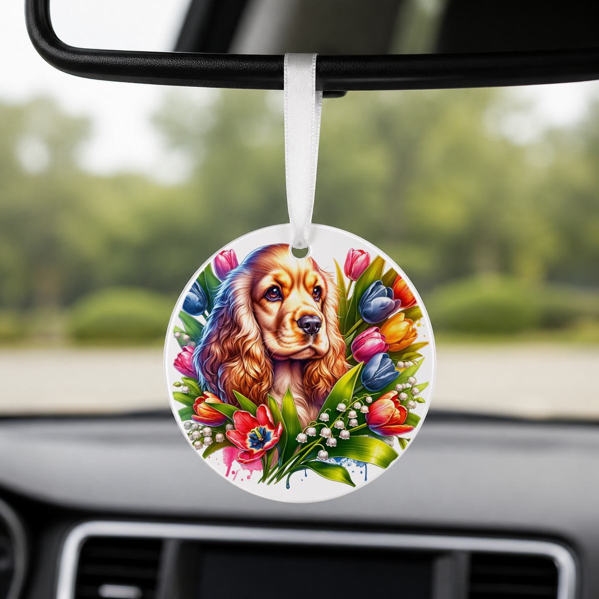 Yorkshire Terrier With Tulips - Round Car Charm in white