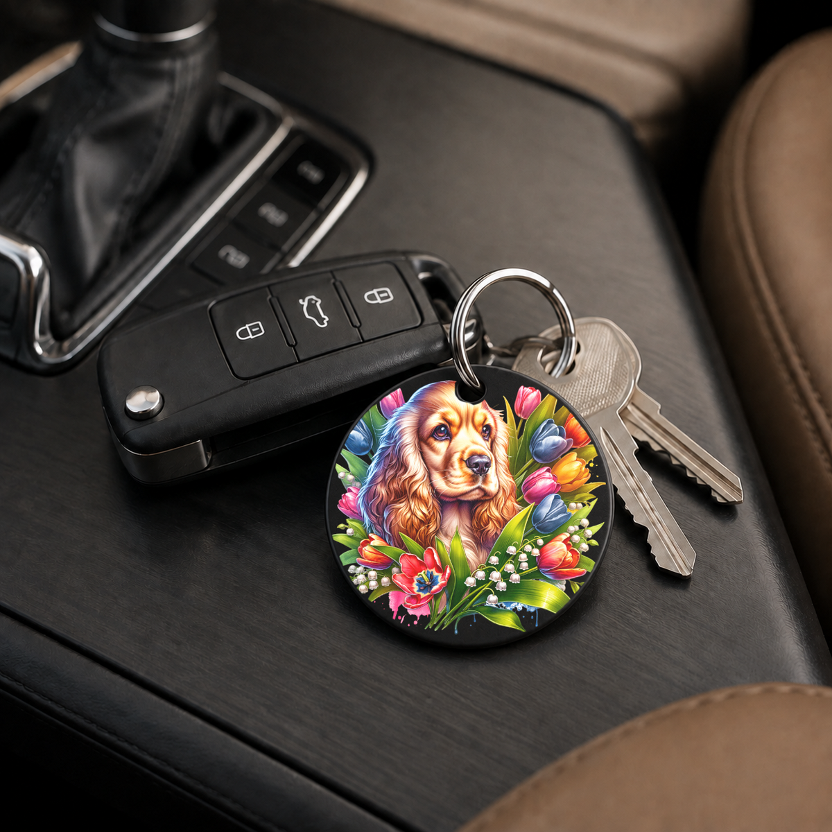 Yorkshire Terrier With Tulips - Keychain in black