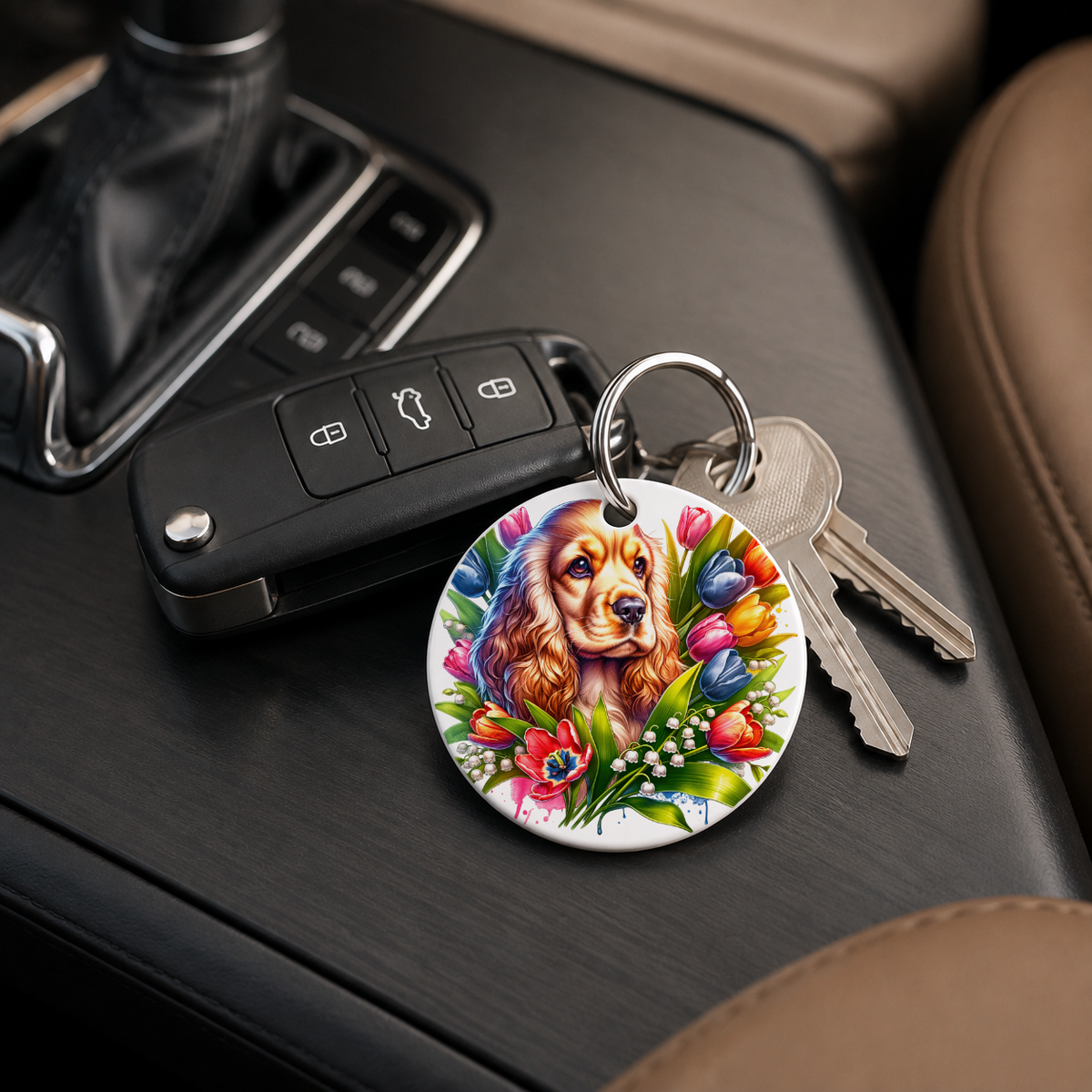 Yorkshire Terrier With Tulips - Keychain in white