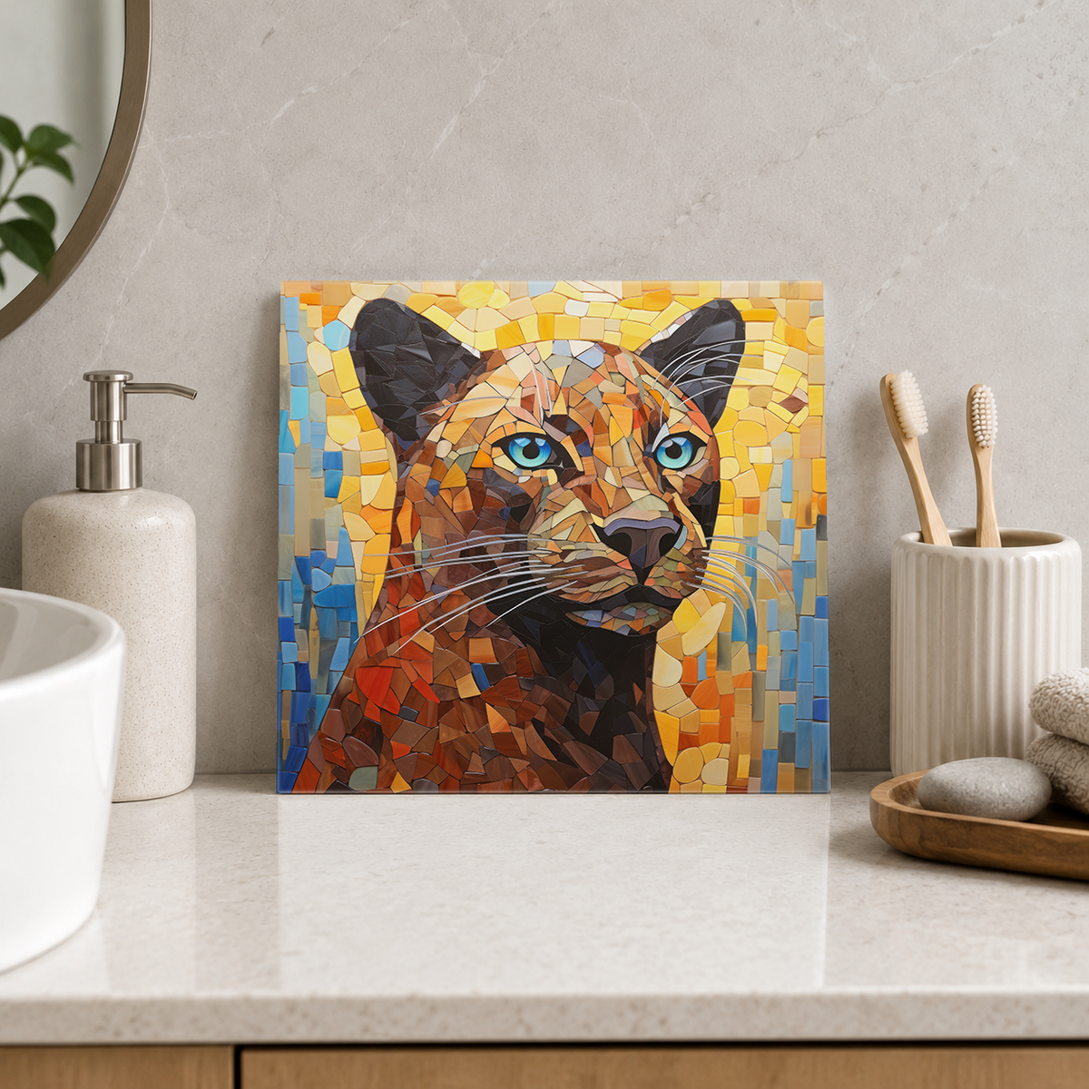 Amber Cat with Blue Eyes Tile displayed in the bathroom tile mock-up