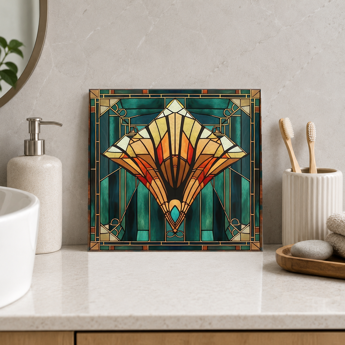 Amber Diamond Bloom Tile displayed in the bathroom tile mock-up