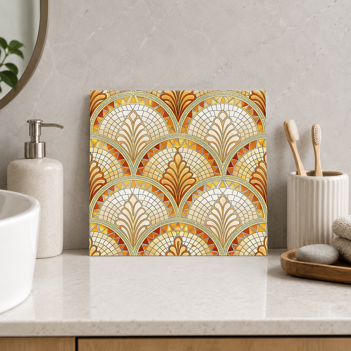 Amber Feather Scallops Tile displayed in the bathroom tile mock-up
