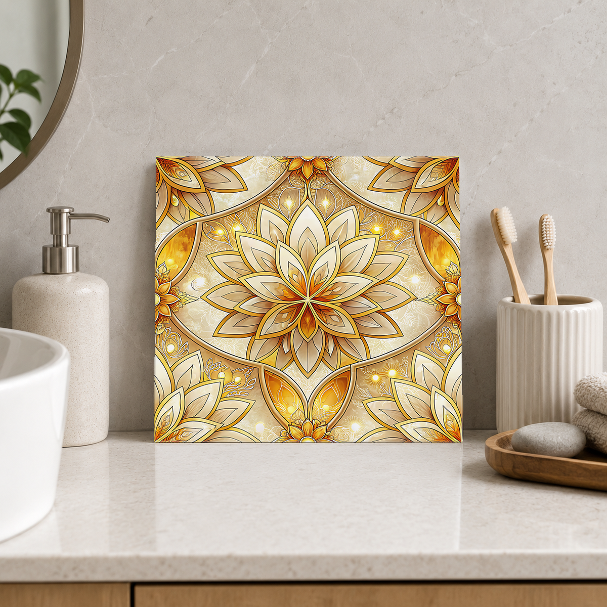 Amber Floral Mandala Tile displayed in the bathroom tile mock-up