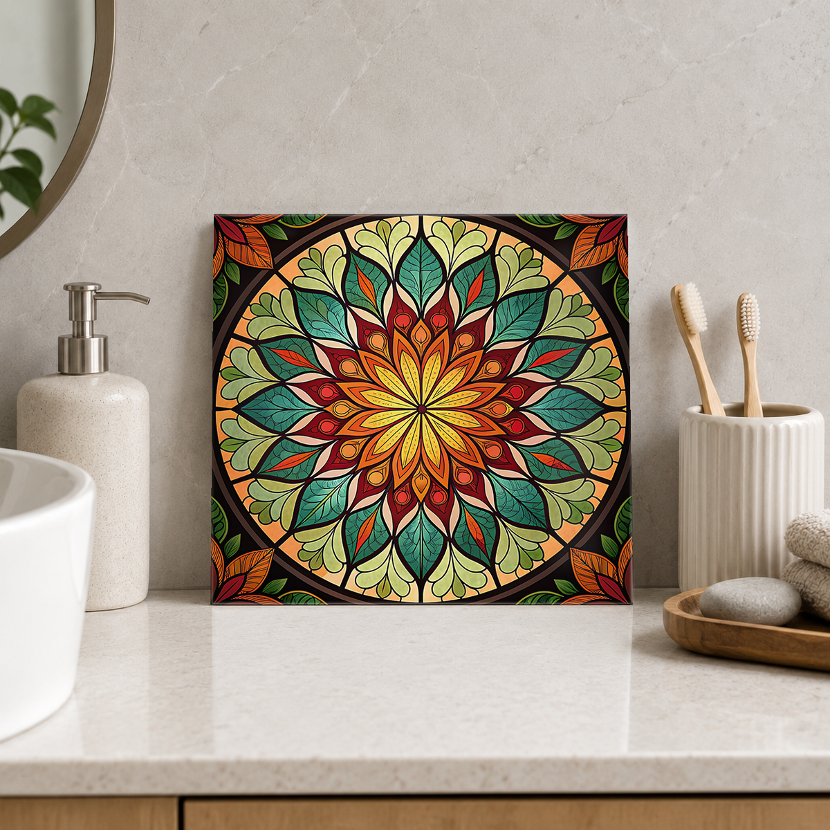 Amber Flower and Sage Leaf Mandala Tile displayed in the bathroom tile mock-up