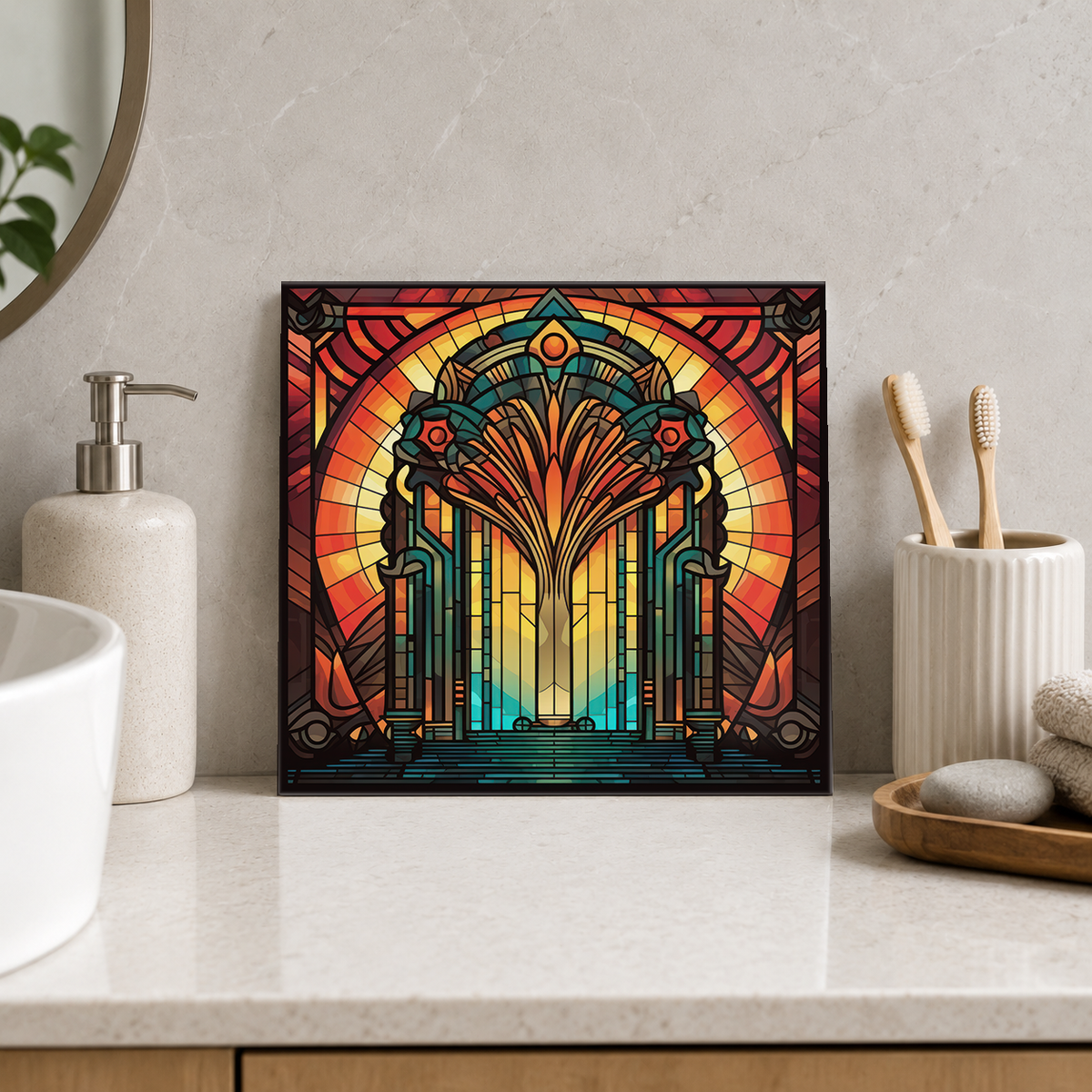 Amber Fountain Arch Tile displayed in the bathroom tile mock-up