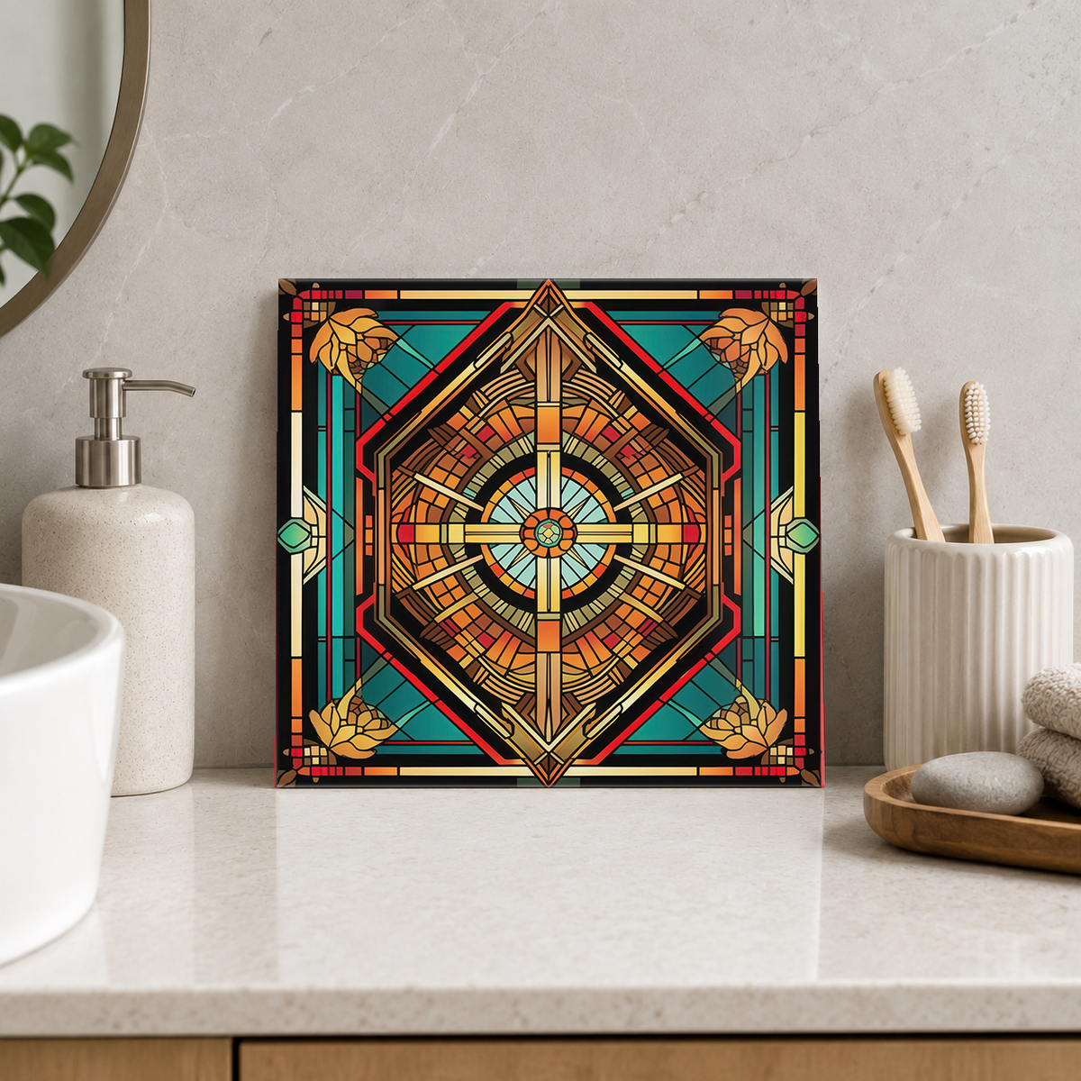 Amber Geometric Compass Tile displayed in the bathroom tile mock-up