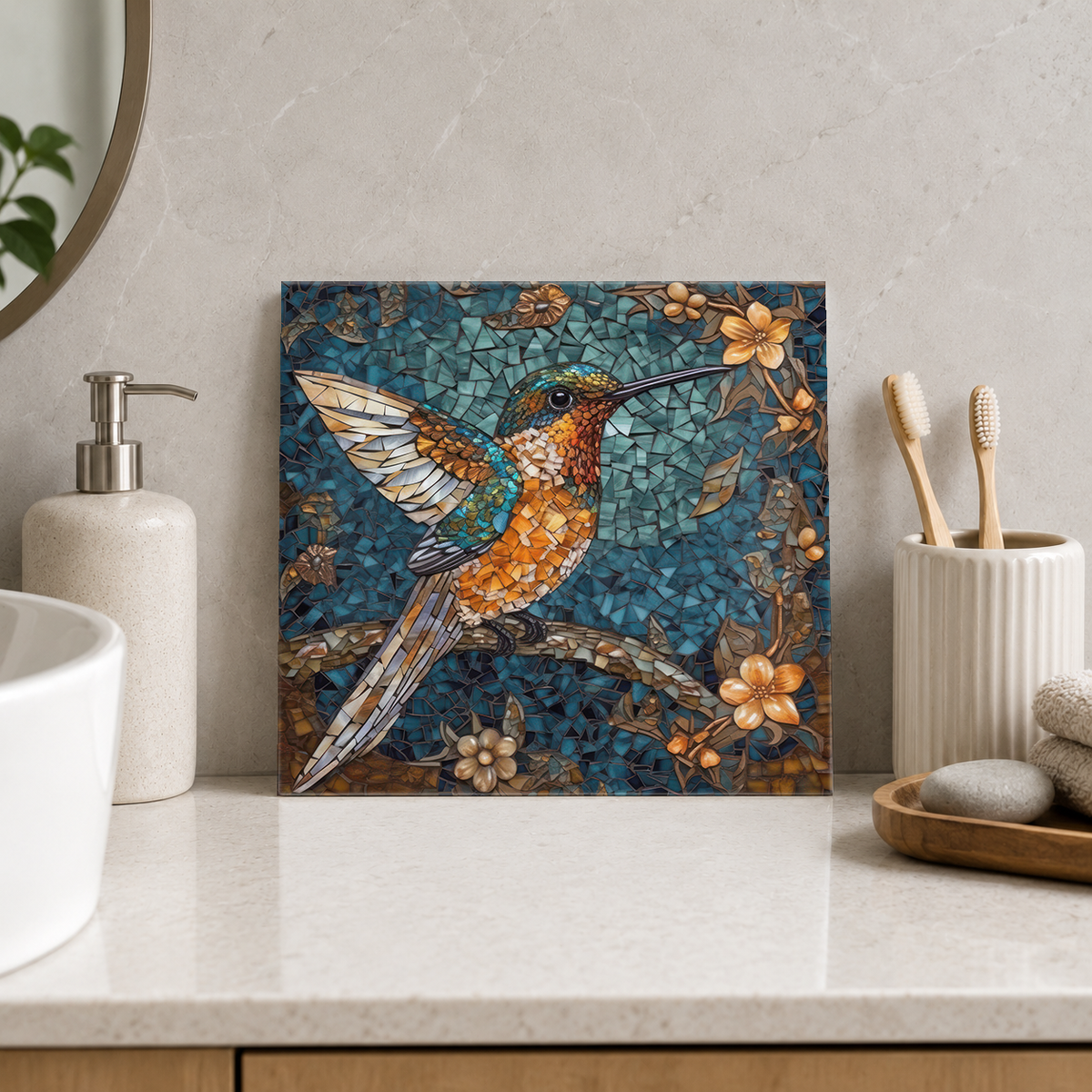 Amber Hummingbird and Flowers Tile displayed in the bathroom tile mock-up