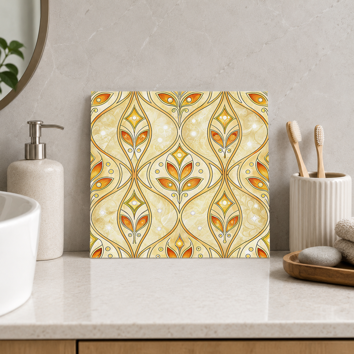 Amber Leaf Ogee Tile displayed in the bathroom tile mock-up