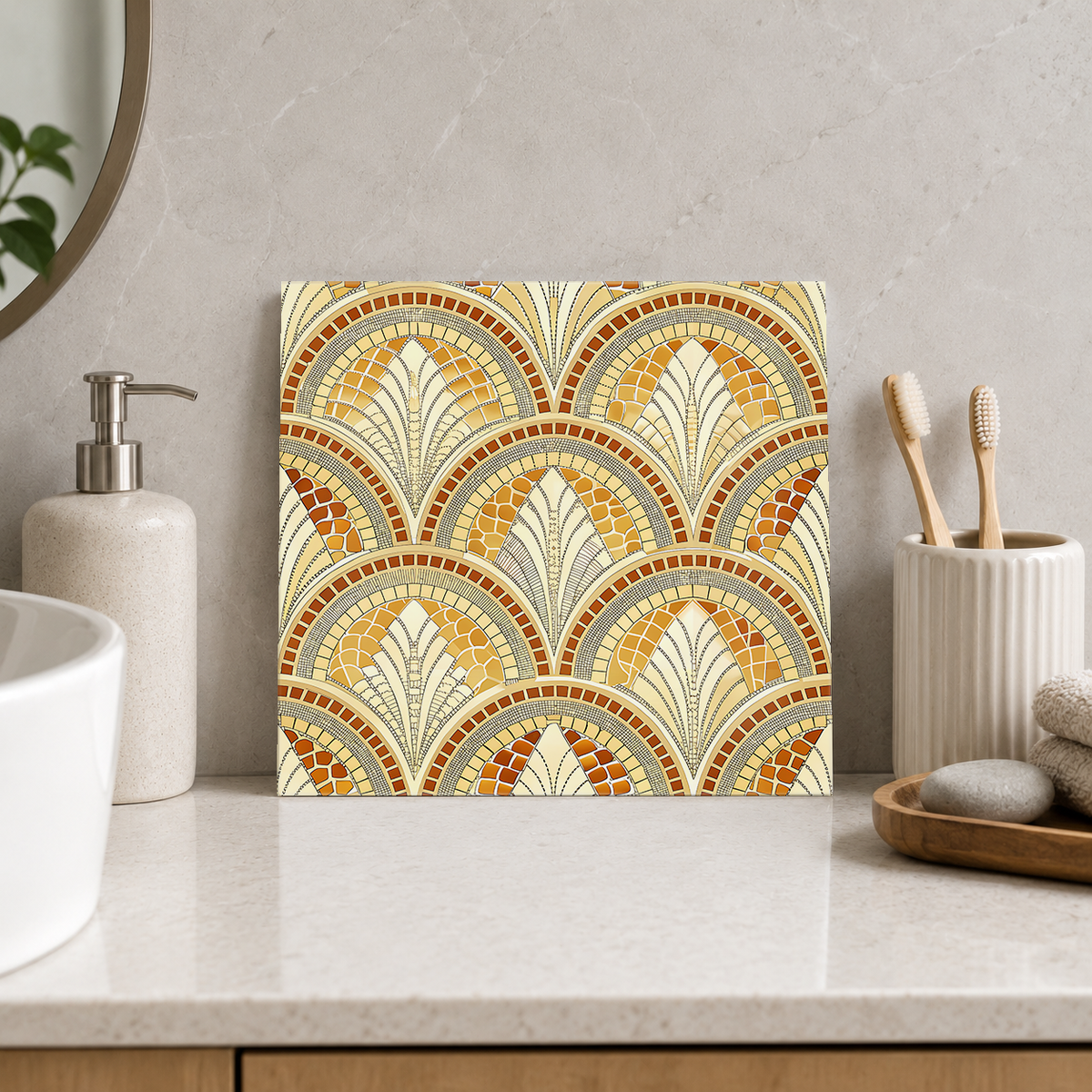 Amber Mosaic Fans Tile displayed in the bathroom tile mock-up
