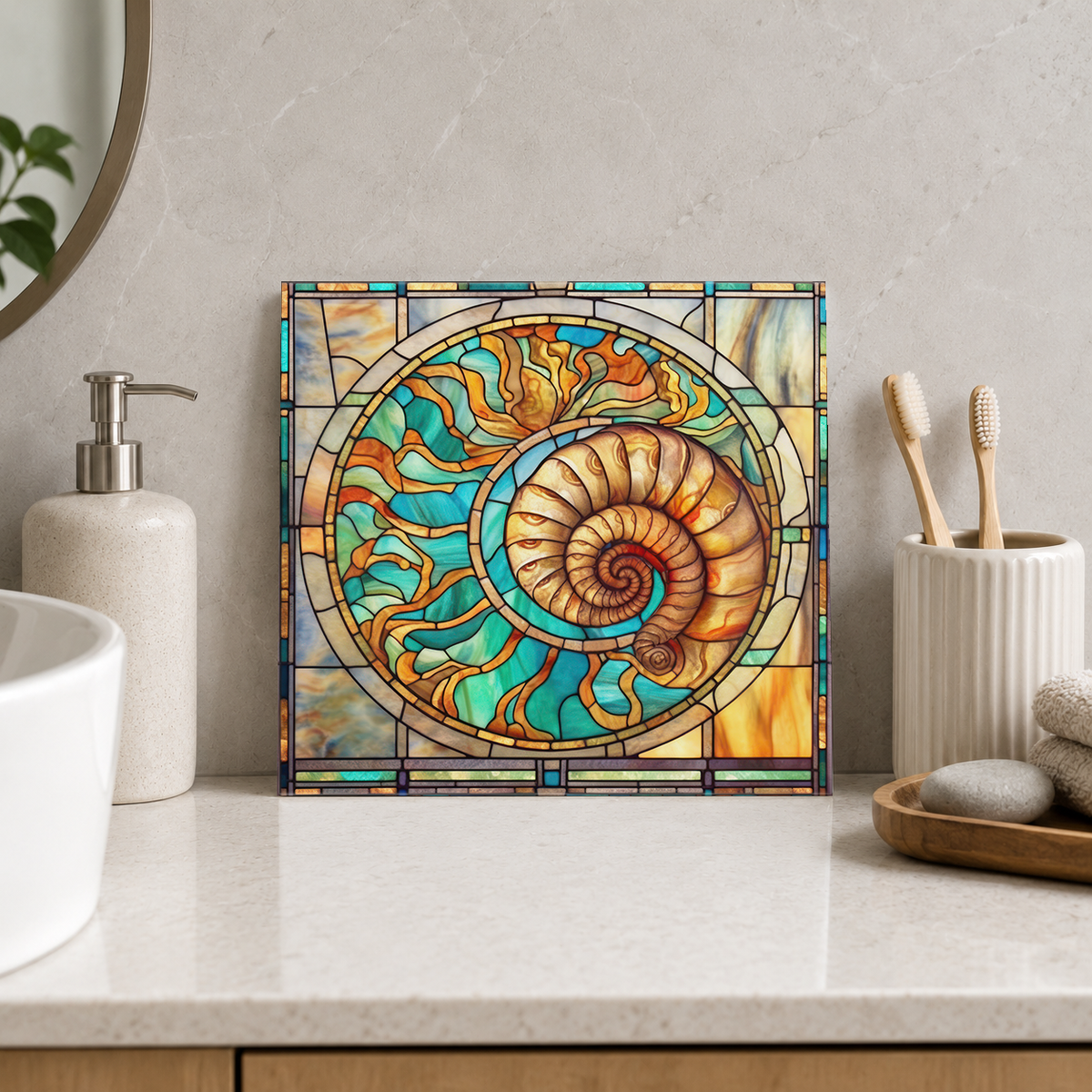 Amber Nautilus Medallion Tile displayed in the bathroom tile mock-up