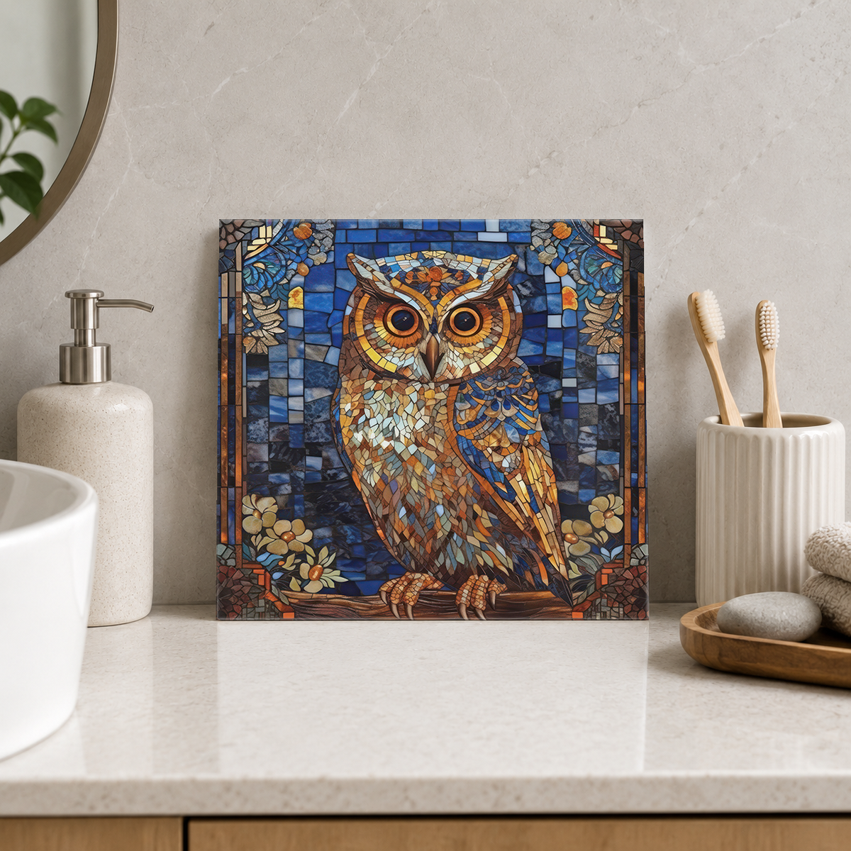 Amber Owl on Blue Tile displayed in the bathroom tile mock-up