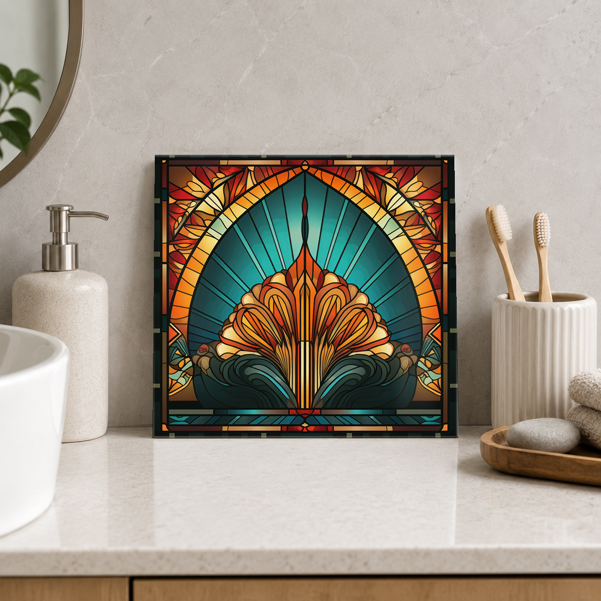 Amber Palmette Arch Tile displayed in the bathroom tile mock-up