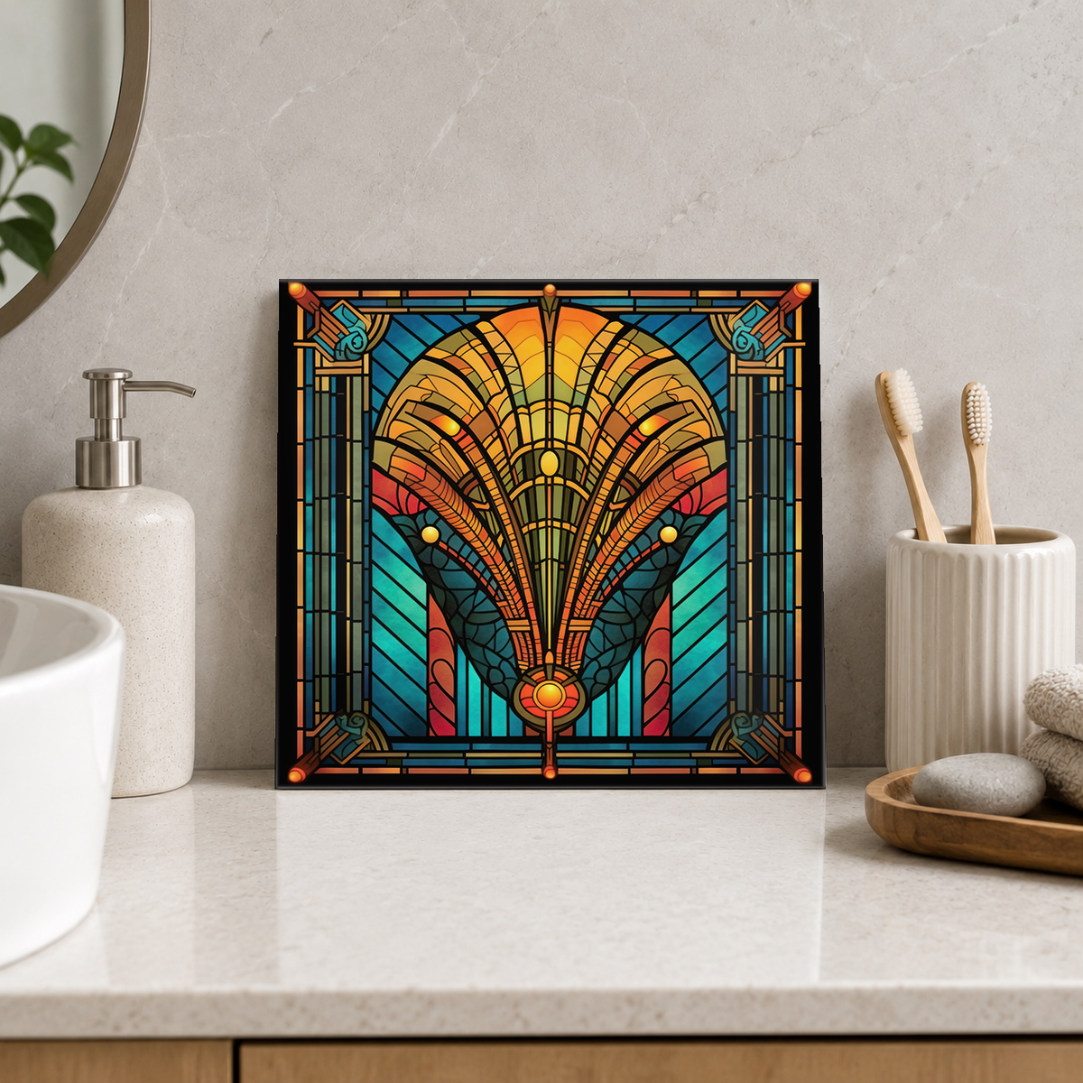 Amber Peacock Fan Tile displayed in the bathroom tile mock-up