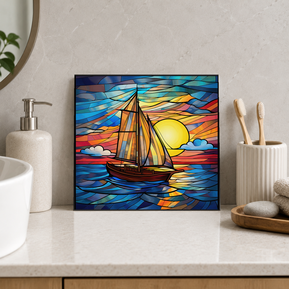 Amber Sailboat at Evening Sunset Tile displayed in the bathroom tile mock-up