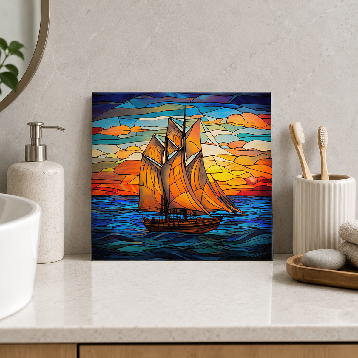 Amber Schooner at Sunset Tile displayed in the bathroom tile mock-up