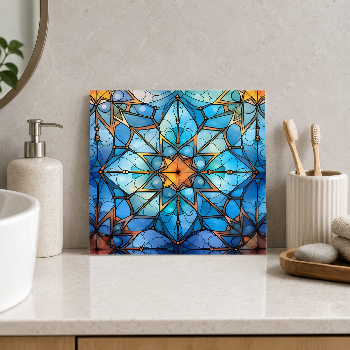Amber Star in Azure Lattice Tile displayed in the bathroom tile mock-up