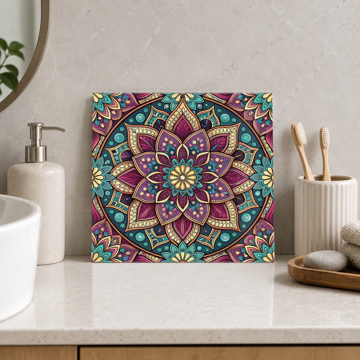 Amethyst and Teal Jewelled Mandala Tile displayed in the bathroom tile mock-up