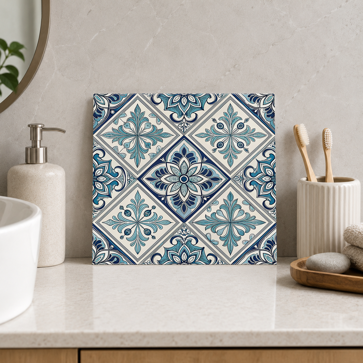 Aqua and Navy Flower Diamonds Tile displayed in the bathroom tile mock-up
