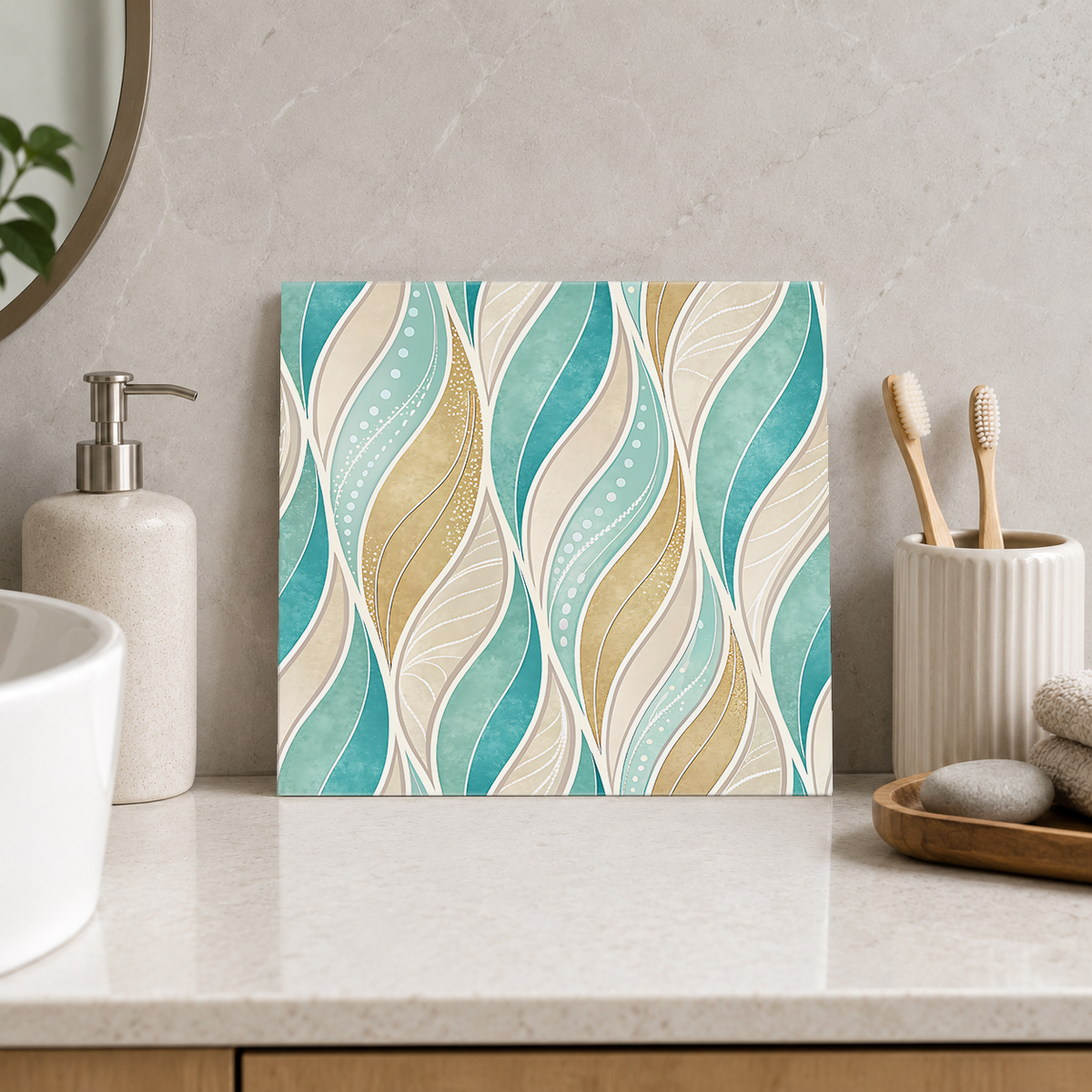 Aqua and Sand Flowing Ribbons Tile displayed in the bathroom tile mock-up