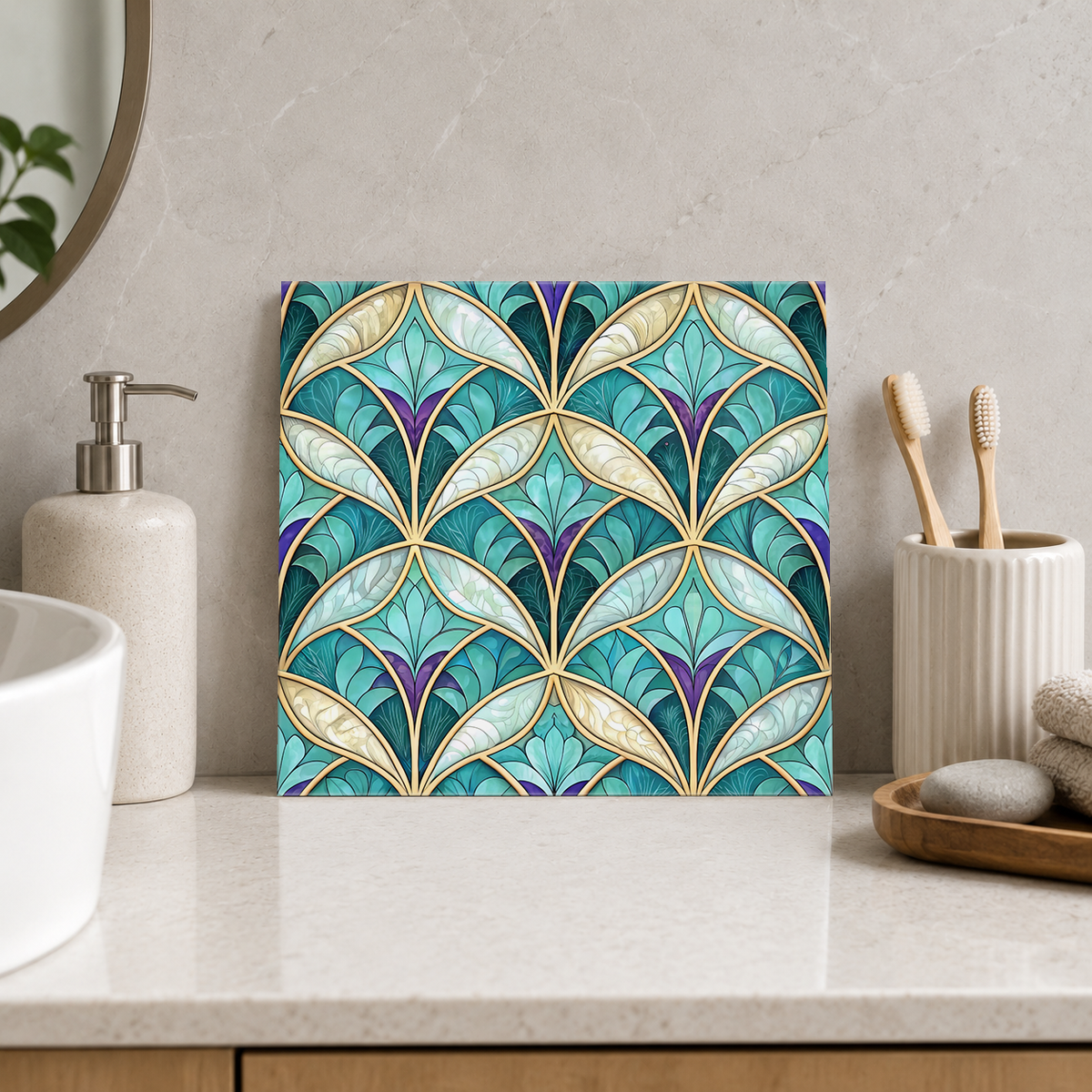 Aqua and Violet Feather Fans Tile displayed in the bathroom tile mock-up