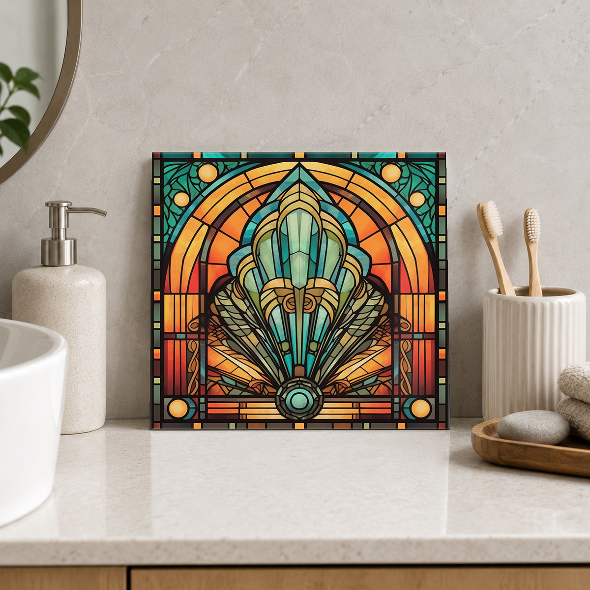 Aqua Feather Medallion Tile displayed in the bathroom tile mock-up