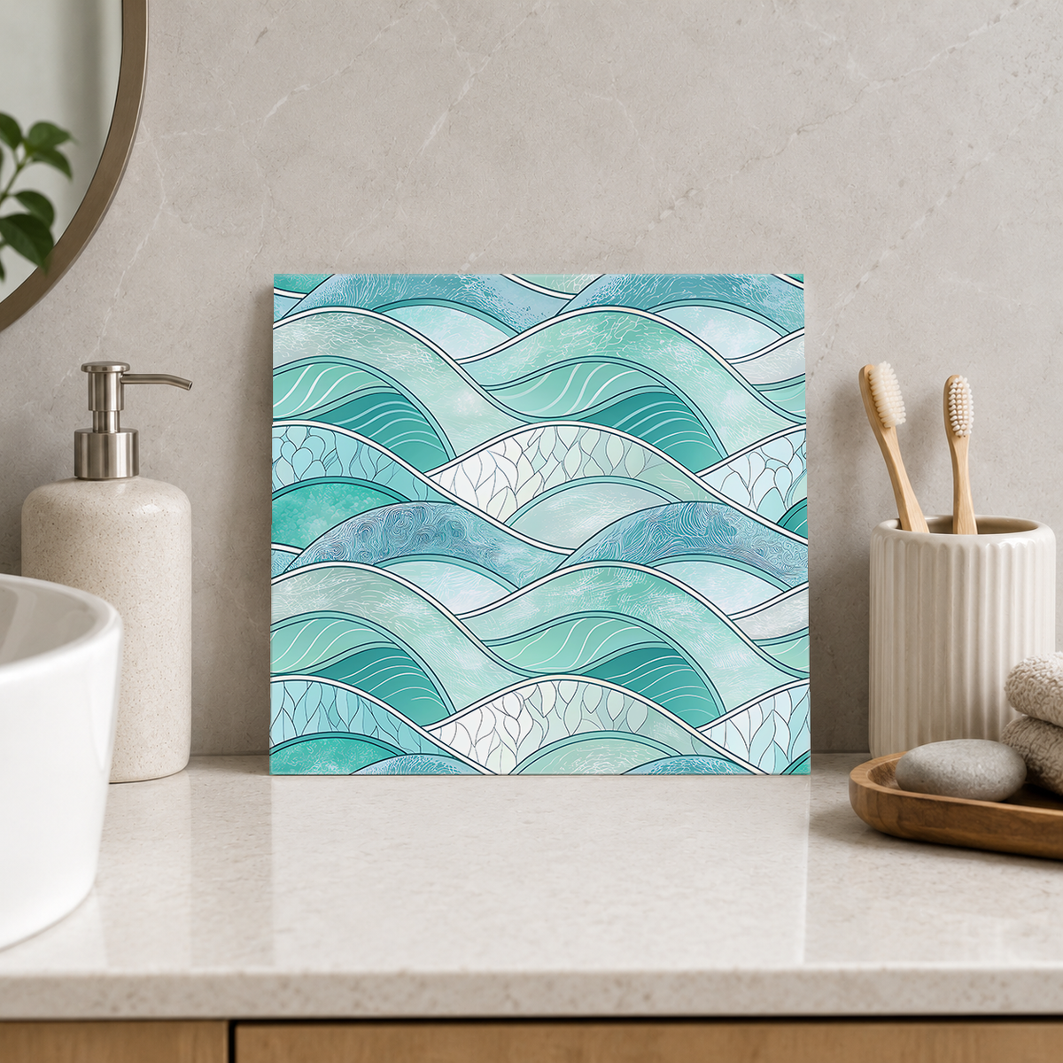 Aqua Layered Patterned Waves Tile displayed in the bathroom tile mock-up