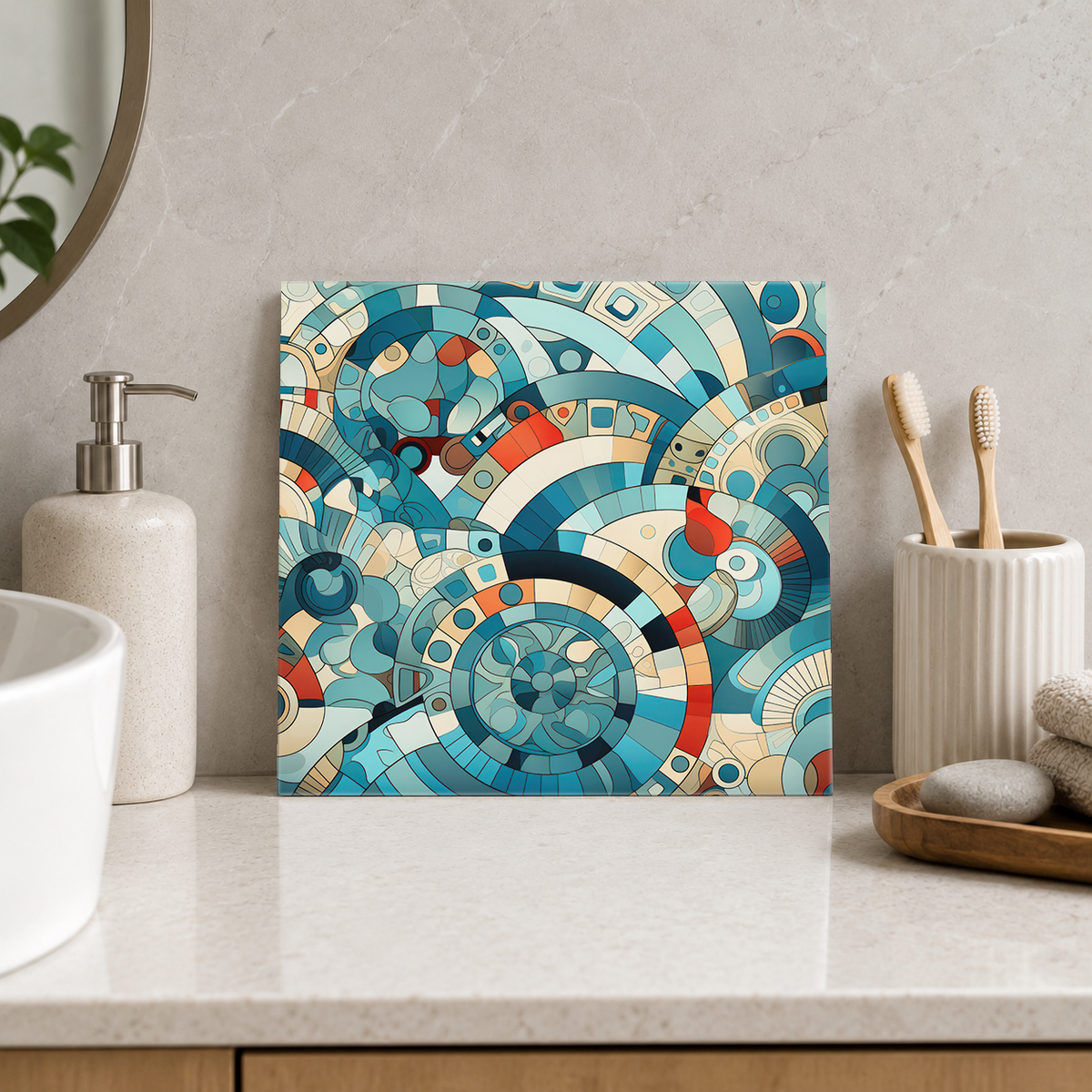 Aqua Retro Circles and Waves Tile displayed in the bathroom tile mock-up