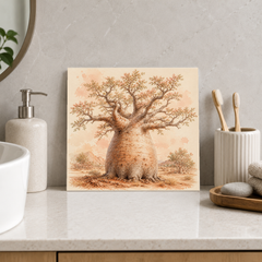 Australian Boab ceramic decorative tile in Warm Country, shown in a room mockup