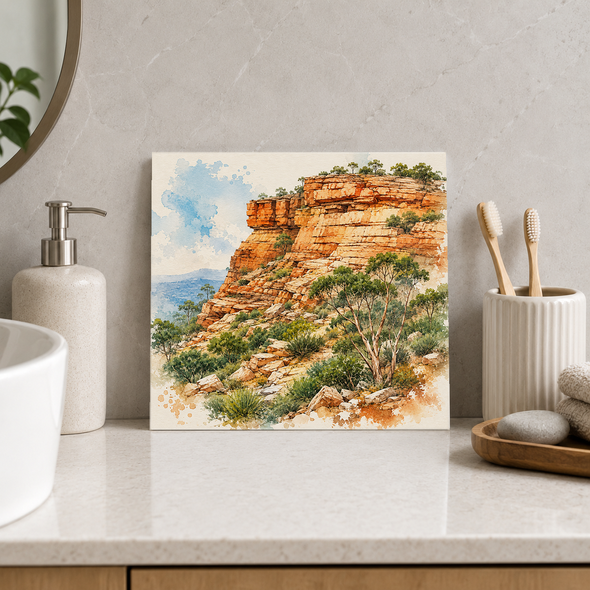 Australian Escarpment ceramic decorative tile in Pop Color, shown in a room mockup