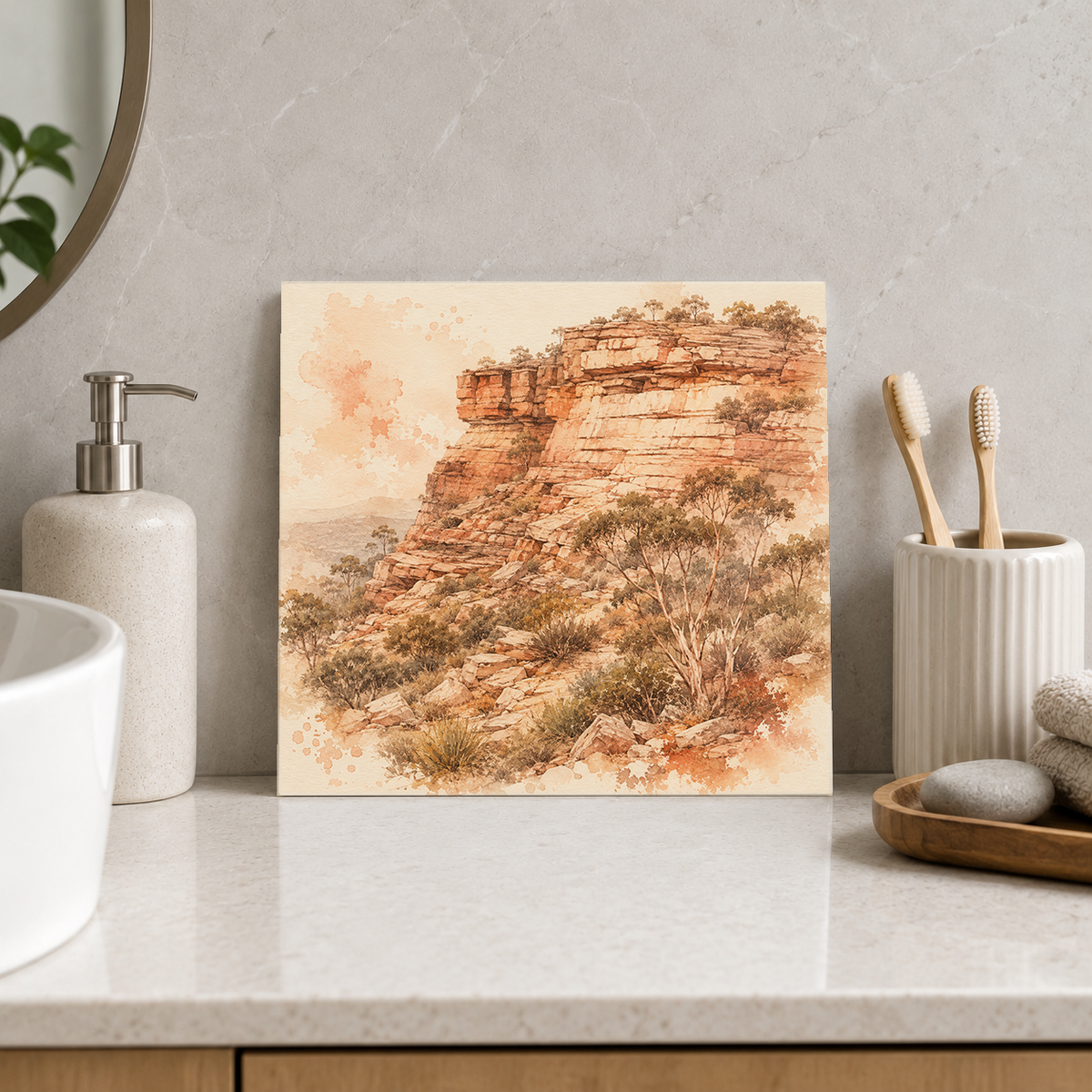 Australian Escarpment ceramic decorative tile in Warm Country, shown in a room mockup
