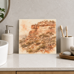 Australian Escarpment ceramic decorative tile in Warm Country, shown in a room mockup