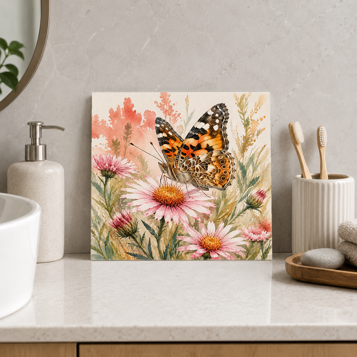 Australian Painted Lady ceramic decorative tile in Pop Color, shown in a room mockup