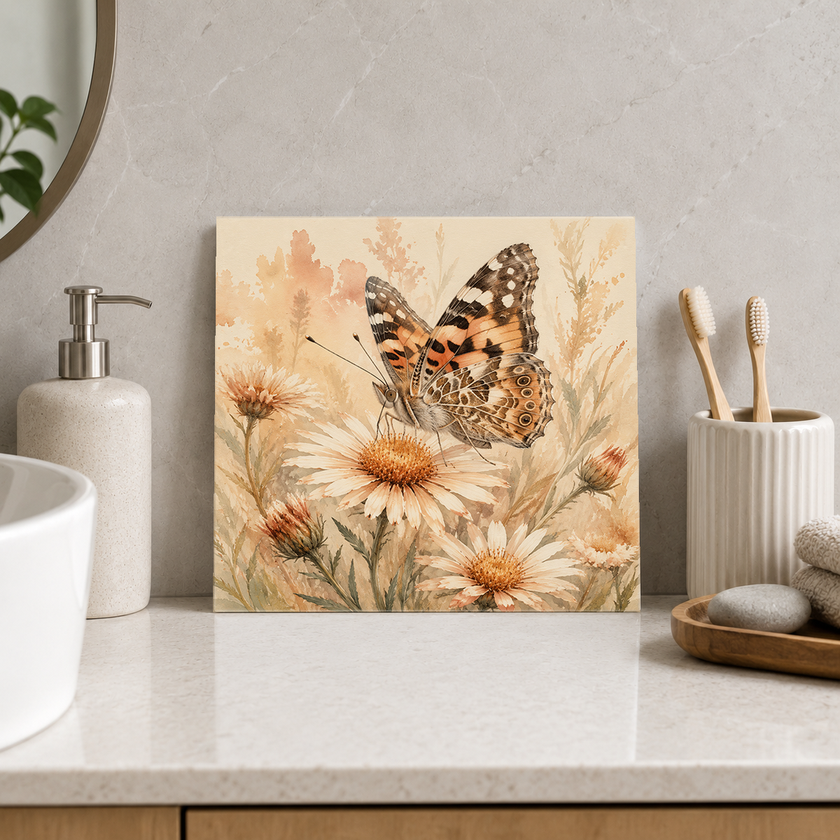 Australian Painted Lady ceramic decorative tile in Warm Country, shown in a room mockup