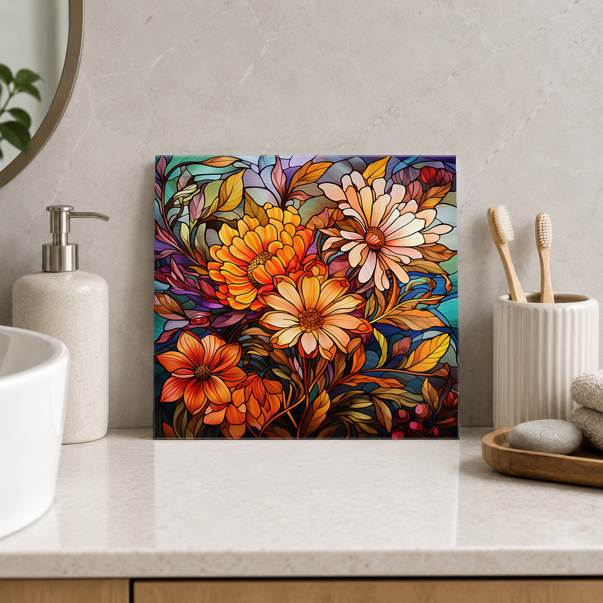 Autumn Daisy Bouquet Tile displayed in the bathroom tile mock-up