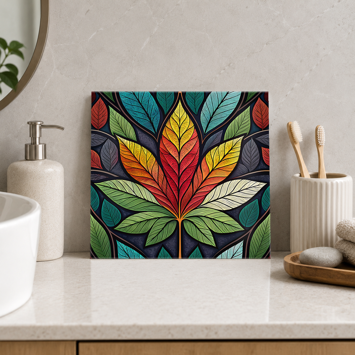 Autumn Leaf Fan on Black Tile displayed in the bathroom tile mock-up